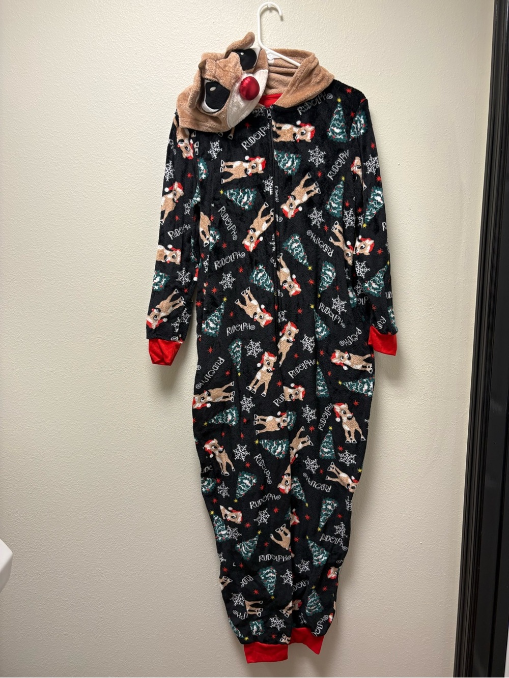 Rudolph the Red-Nosed Reindeer Unisex L Adult Hooded Zip Fleece Body Suit Pj’s